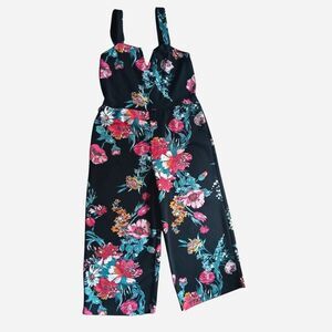 Xhilaration Black Floral Cropped Jumpsuit with Pink & Teal Flowers